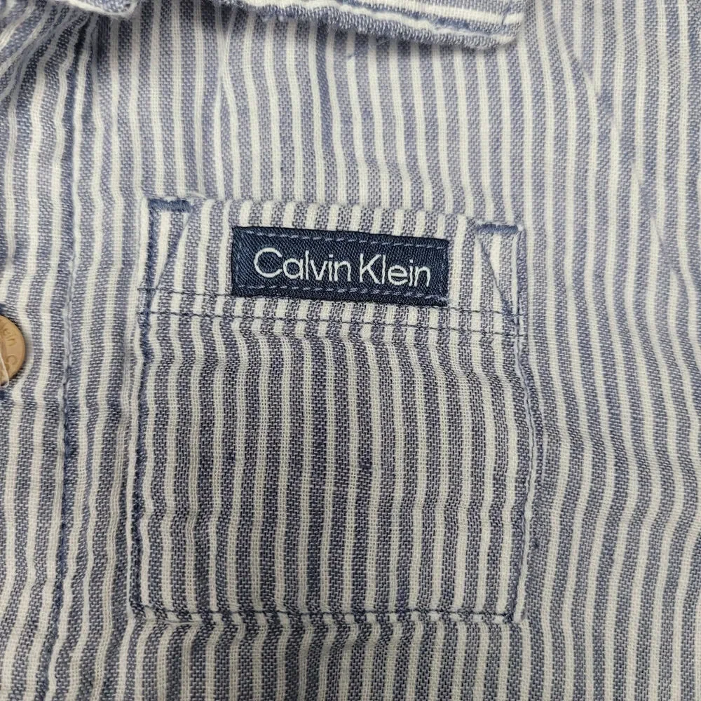 Calvin Klein Toddler Boy Blue & White Stripe Short Sleeve Linen Blend Shirt 24M